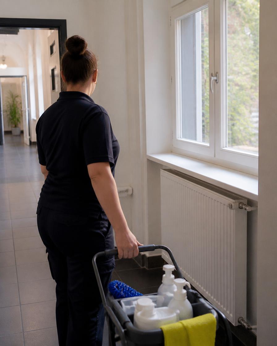 Mitarbeiterin des Reinigungsservice Wattenmeer mit Reinigungswagen in einem hellen Flur